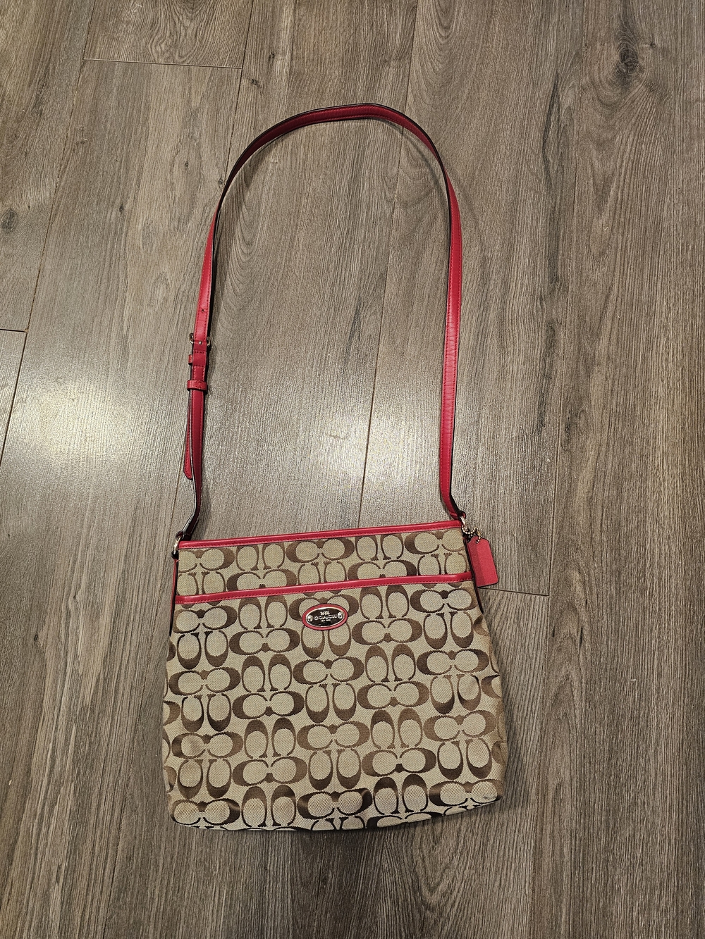 Coach Signature Crossbody Bag in Khaki/Red